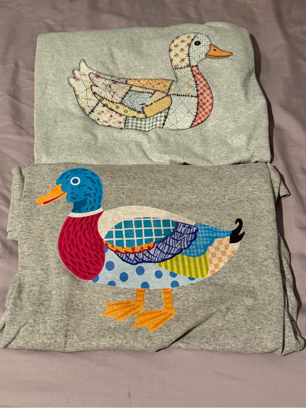 Set of 2 Gray Tees with Colorful Patchwork Duck Graphics